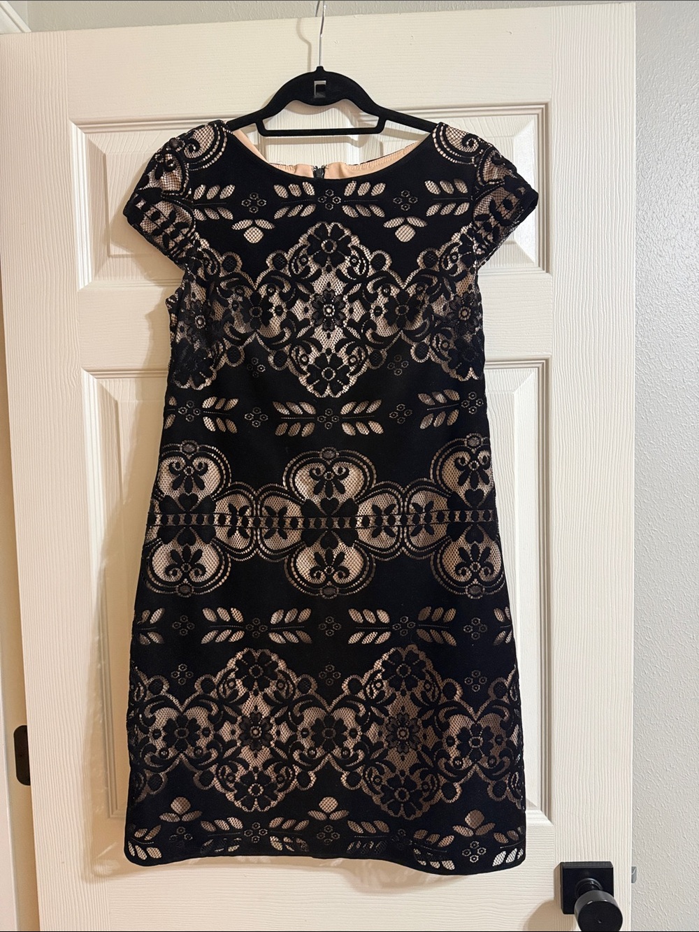 Eliza J Black Lace-Overlay Sheath Dress with Nude Lining